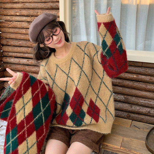 森女部落复古学院风菱格撞色圆领毛衣女2025新款秋宽松套头针织衫