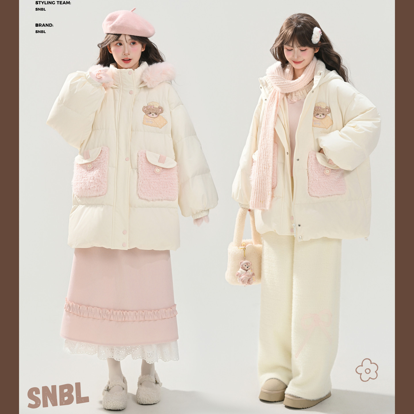 森女部落90%绒子白鸭绒宽松连帽羽绒服女25冬甜美刺绣中长款外套