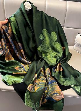 气质墨绿色丝巾女春夏薄款印花仿真丝长款纱巾妈妈护颈围巾披肩秋