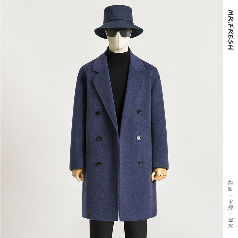 秋冬双面绵羊绒大衣男宽松落肩双排扣羊毛呢子外套反季中长款风衣 - 图1