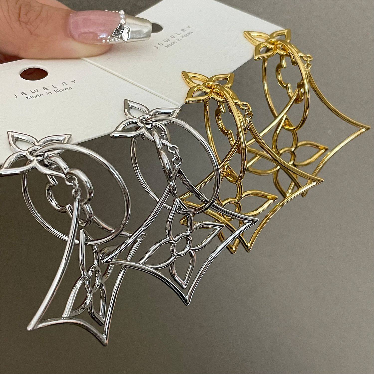 欧阳娜娜同款镂空铜丝花朵925银针高级夸张气质菱形耳坠耳饰,淘宝优惠券,粉丝福利购,淘宝优惠卷