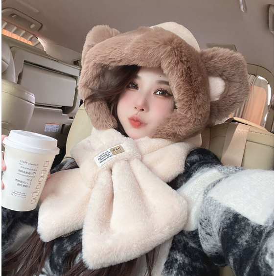 冬季帽子围巾一体女款加绒加厚可爱小熊保暖护耳滑雪帽冬天,淘宝优惠券,粉丝福利购,淘宝优惠卷