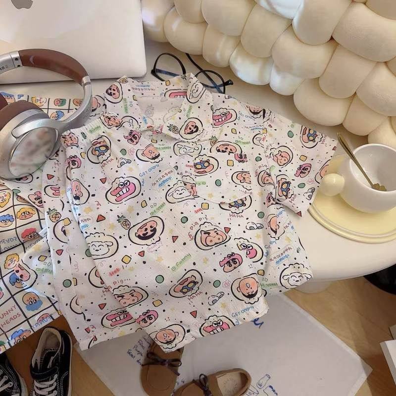 2025纯棉新款夏季儿童卡通短袖套装男童女童翻领上衣中小童七分裤,淘宝优惠券,粉丝福利购,淘宝优惠卷