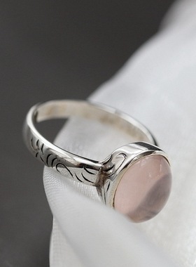 镶天然粉水晶手工银戒指复古做