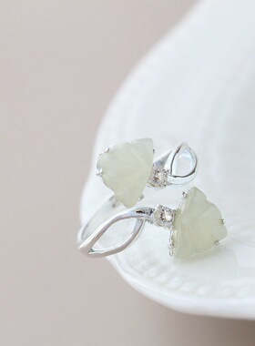 银宸首饰 镶天然和田玉手工银戒指 女款时尚开口925纯银戒子