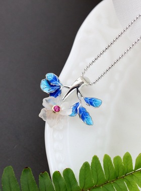 镶天然水晶花女士925纯银吊坠