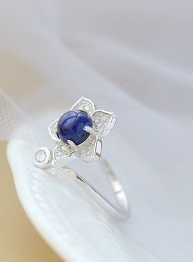 银宸首饰 镶天然青金石925纯银戒指 时尚花瓣开口女士手工银戒子