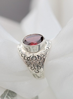 925纯银戒指女天然石榴石开口戒