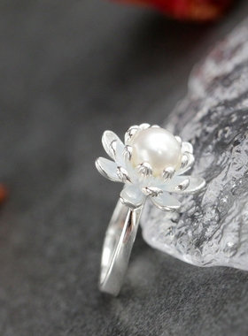 镶天然淡水珍珠手工银戒指复古