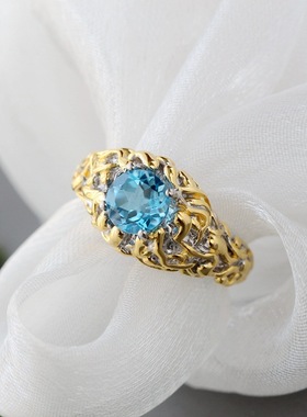 银宸首饰 时尚法式925纯银戒指 手工镶天然托帕石女士开口银戒子