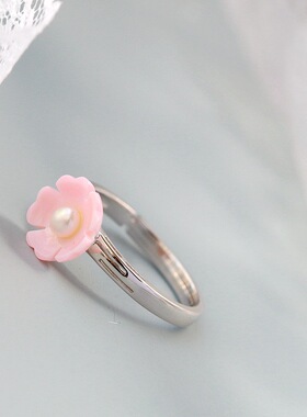 镶天然珍珠粉贝花瓣925纯银戒指