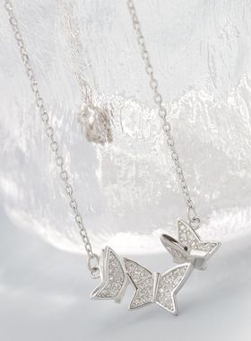 时尚蝴蝶银吊坠配925纯银项链女