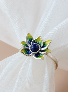 民族风925银戒子镶天然碧玉青金