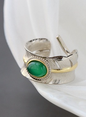 镶天然绿玉髓925银戒子开口宽