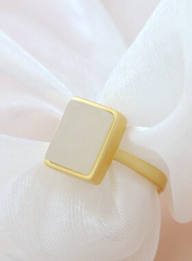 天然和田玉几何方形925纯银戒指