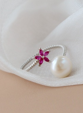 银宸首饰 手工镶天然淡水珍珠开口银戒指时尚简约女士925纯银戒子