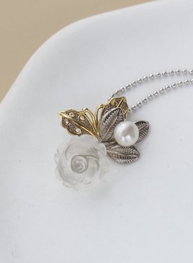 银宸首饰 镶天然淡水珍珠复古银项坠天然白水晶玫瑰花925纯银吊坠