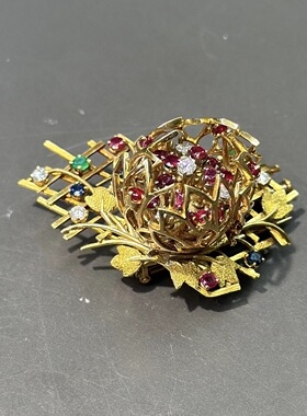 中古18k金红宝石祖母绿钻石彩宝开合花颤抖花胸针实价请私询