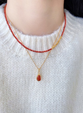 柿柿如意南红玛瑙串珠项链叠戴纯银相思豆坠本命年国风新春锁骨链