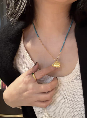 吉祥大象绿松石项链女炸珠小象吊坠可拆卸万能链锁骨链长款毛衣链