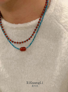 天然红玛瑙项链轻奢高级感小众颈链女国风叠戴蓝色磷灰石锁骨链女