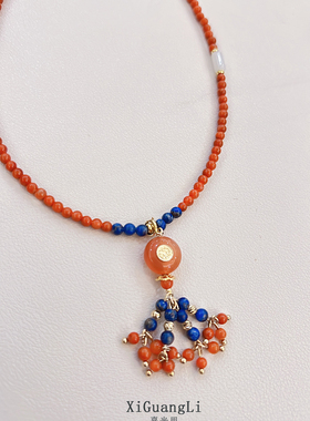 天然南红项链南红毛衣链青金石项链串珠手链国风中式吊坠长款颈链