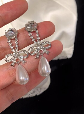 中古款vintage银针镶钻蝴蝶结水滴耳环女高级感轻奢夸张个性耳坠