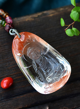 红兔毛水晶佛公吊坠天然红发晶项链俏雕佛挂件毛衣链饰品礼物