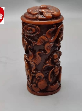 仿玉石原石寿山石雕老旧田黄色双龙戏珠圆形印章小摆件