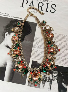 欧美宫廷风中古vintage复古做旧重工彩色闪钻金属短款项链耳环女