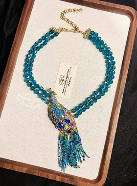 欧美宫廷中古vintage复古气质铜镀金做旧孔雀水晶流苏项链耳环女