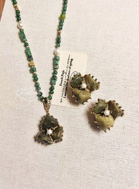 欧美宫廷中古vintage复古气质做旧珍珠绿色天然石串珠项链耳环女