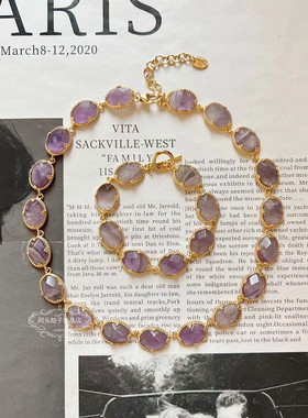 欧美宫廷风轻奢高级感复古气质透明紫色水晶短款金属项链手链女