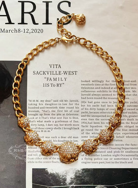 欧美宫廷风中古vintage复古气质金属圆形闪钻链条项链耳环套装女