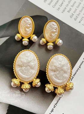 欧美宫廷中古风浮雕珍珠耳环项链