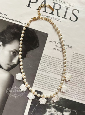 欧美宫廷中古vintage复古气质白色贝壳玫瑰花珍珠短款项链耳环女