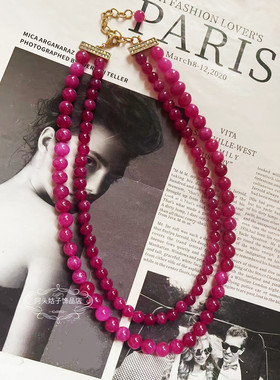 欧美宫廷风中古vintage复古气质做旧紫红色天然石串珠项链耳环女