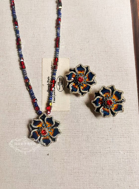 欧美宫廷风中古vintage复古气质做旧蓝色闪钻花朵串珠项链耳环女