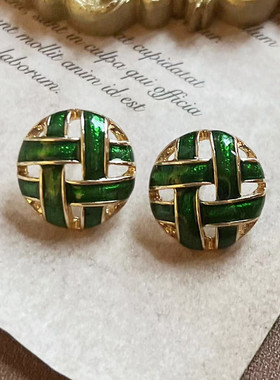欧美宫廷中古风vintage复古气质绿色滴油珐琅珍珠金属几何耳环女