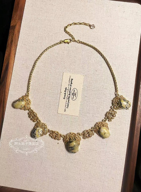 欧美宫廷复古vintage气质做旧花纹天然石树叶花朵短款项链耳环女