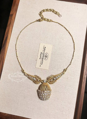 欧美宫廷中古vintage复古铜镀金做旧椭圆树叶闪钻项链耳环手链女