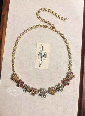 欧美宫廷中古vintage复古气质彩色水晶锆闪钻花朵项链耳环套装女