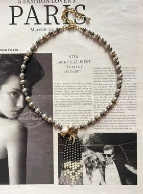 欧美宫廷风中古vintage复古气质黑灰珍珠流苏做旧金属项链耳环女