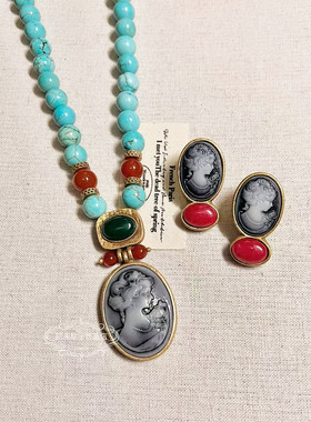 欧美宫廷风中古vintage复古铜镀金做旧松石天然石浮雕项链耳环女