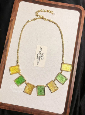 欧美宫廷中古vintage复古气质铜镀金做旧黄绿方形雕花项链耳环女