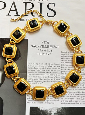 欧美复古黑色方形金属项链耳环