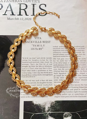 欧美宫廷风中古vintage复古气质编织闪钻金属耳环手链短款项链女