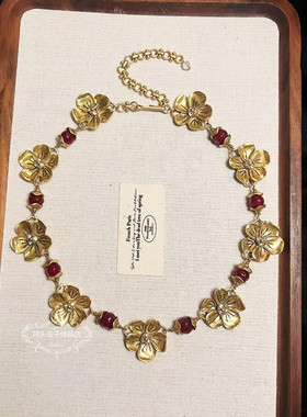 欧美宫廷中古vintage复古气质做旧红色天然石花朵项链耳环套装女