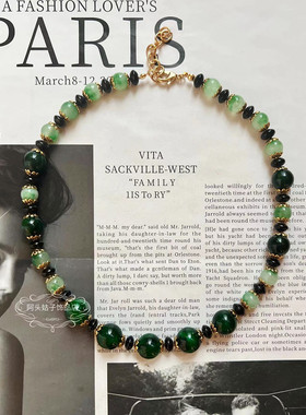 欧美中古绿色琉璃项链耳环耳夹女