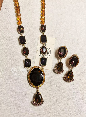 欧美宫廷风中古vintage复古气质黄水晶紫闪钻椭圆水滴项链耳环女